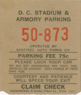 D.C. Stadium & Armory Parking claim check, 1964 July 12, 1964 July 12