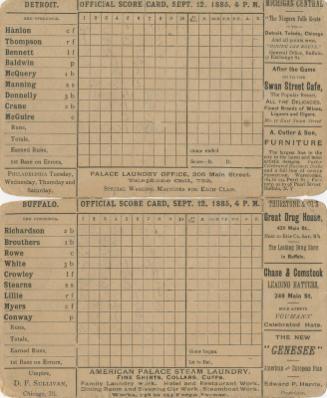 Detroit Wolverines versus Buffalo Bisons scorecard, 1885 September 12