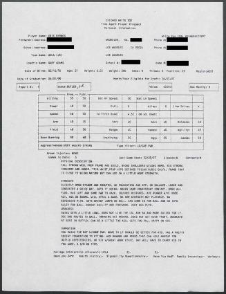 Eric Byrnes scouting report, 1997 February 25