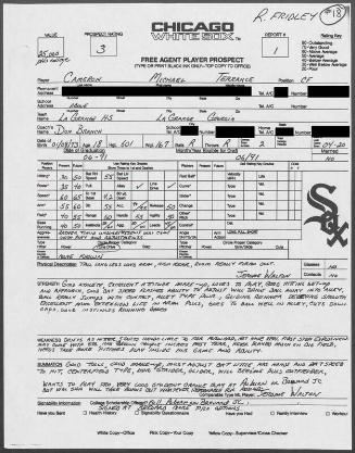 Mike Cameron scouting report, 1991 April 20