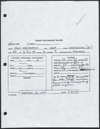 Rod Henderson scouting report, 1995 May 25