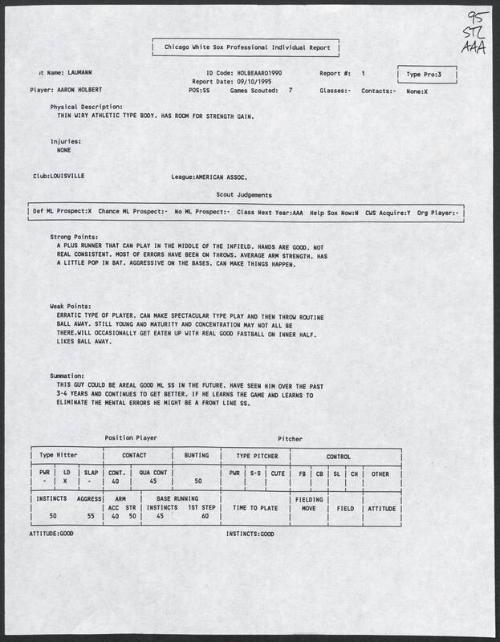 Aaron Holbert scouting report, 1995 September 10