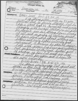 Barry Jones scouting report, 1984 April 29