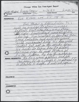 Bob Kipper scouting report, 1982 April 24