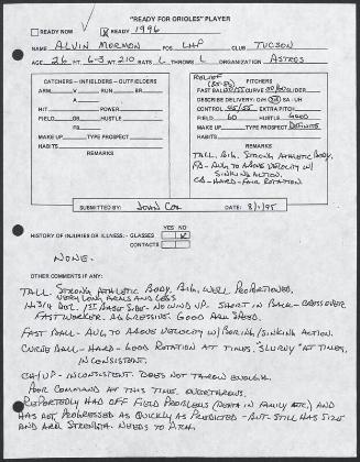 Alvin Morman scouting report, 1995 August 01