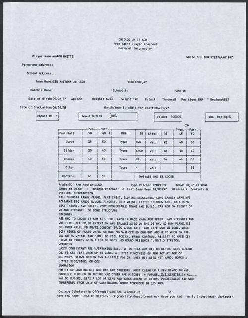 Aaron Myette scouting report, 1997 February 03