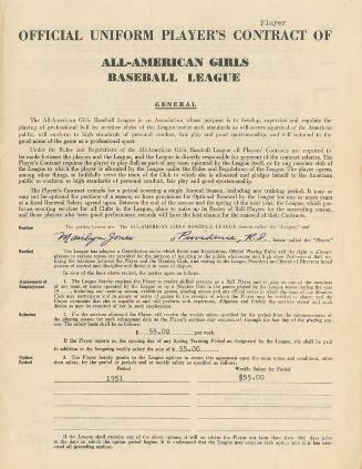 Marilyn Jones All-American Girls Baseball League contract, circa 1950