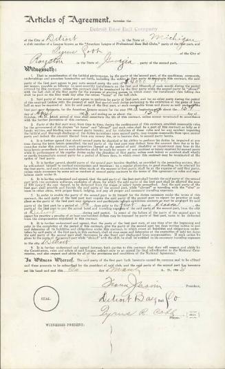 Ty Cobb contract, 1908 March 20