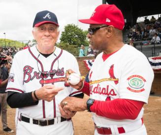 Phil Niekro and Ozzie Smith Exchanging Autographs photograph, 2017 May 27