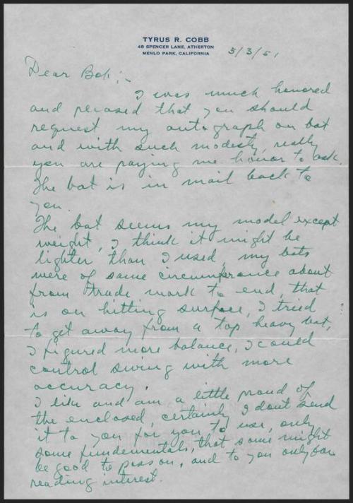 Letter from Ty Cobb to Bobby Doerr, 1951 May 03