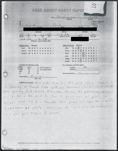 Fred Lynn scouting report, 1973 May 15