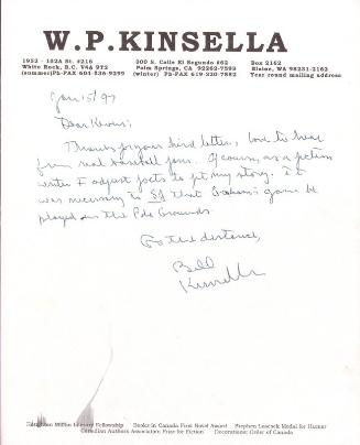 Letter from W. P. Kinsella to Kevin Mertens, 1997 January 15