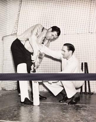 Babe Ruth and Alan Fairfax Playing Cricket photograph, 1935 February 09