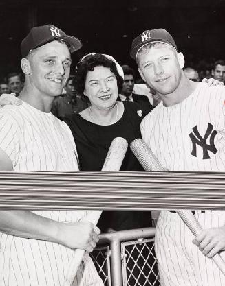 Claire Ruth with Mickey Mantle and Roger Maris photograph, 1961 August 16