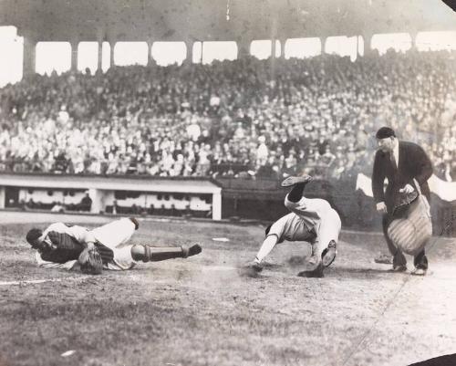 Babe Ruth and Charlie Berry Crash at Home Plate photograph, 1931 April 22