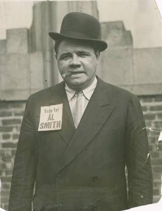 Babe Ruth Wearing Vote for Al Smith Paper photograph, 1928