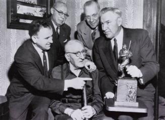 Honus Wagner, Leo Handley, Bill Benswanger, Wilbur Cooper and Pie Traynor photograph, 1955 Febr…