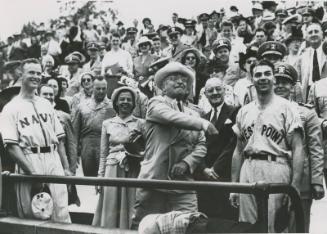 Harry Truman Throwing First Pitch at Army-Navy Game photograph, 1948 May 29