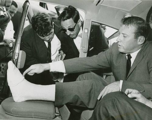 Mickey Mantle Pointing at His Cast, 1963 June 06