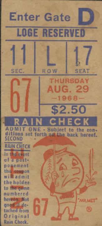 Cincinnati Reds versus New York Mets ticket stub, 1968 August 29