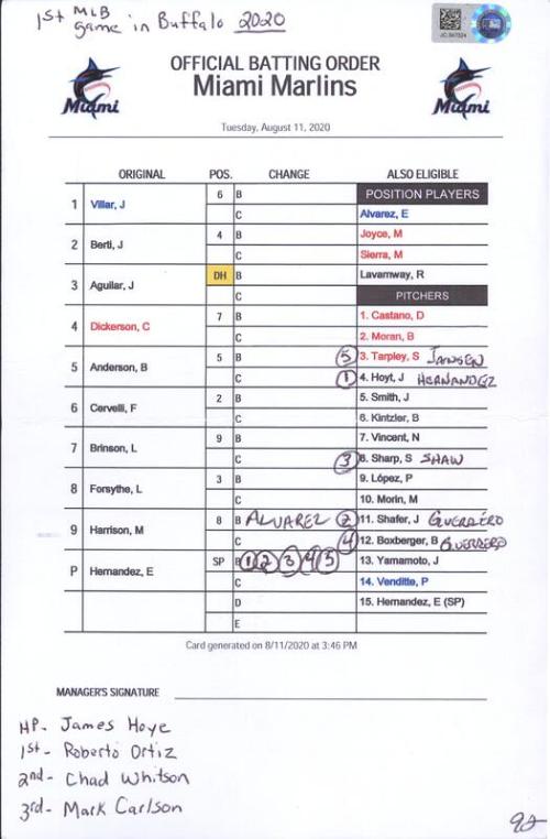 Miami Marlins official batting order card, 2020 August 11