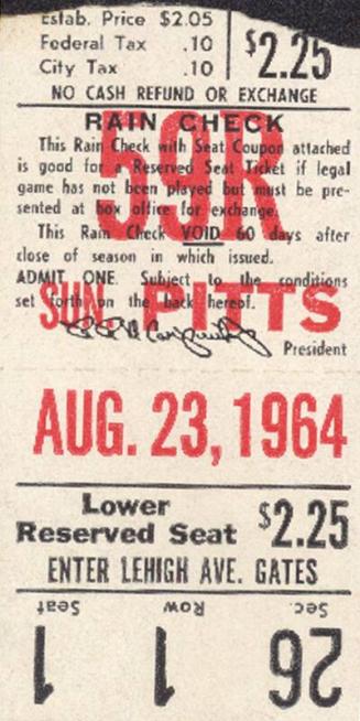 Pittsburgh Pirates versus Philadelphia Phillies ticket stub, 1964 August 23