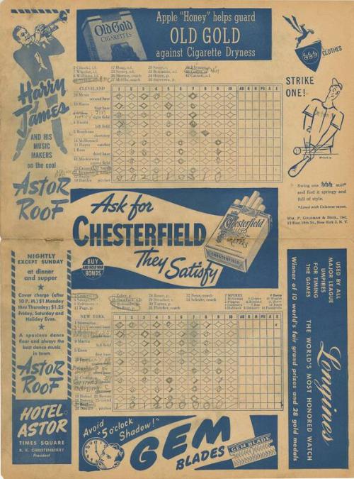 Cleveland Indians versus New York Yankees scorecard, 1945 July 12