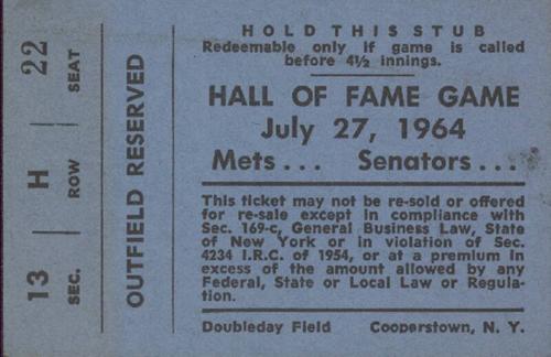 New York Mets versus Washington Senators Hall of Fame game ticket, 1964 July 27