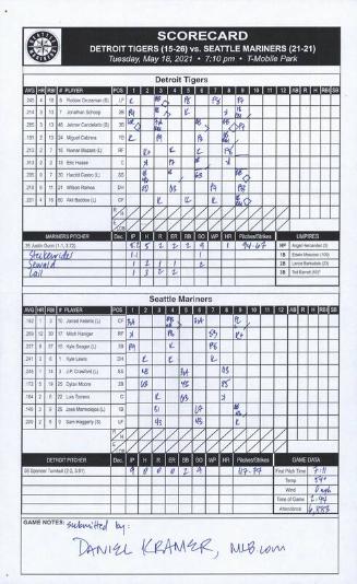 Detroit Tigers versus Seattle Mariners scorecard, 2021 May 18