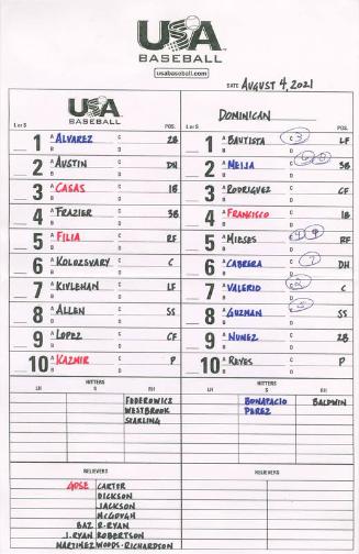 United States versus Dominican Republic dugout lineup card, 2021 August 04