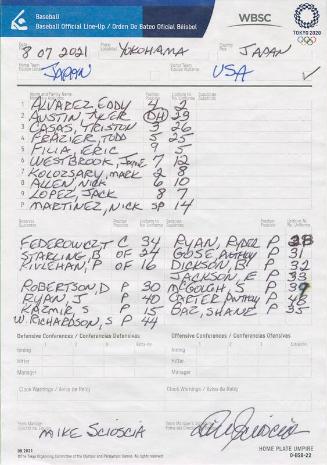 United States versus Japan dugout lineup card, 2021 August 07