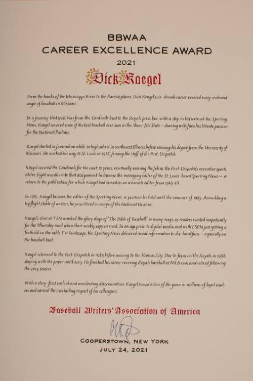 BBWAA Career Excellence Award certificate copy, 2001 July 23