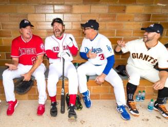 Wally Joyner, Wade Boggs, Steve Sax, and Cody Ross in the Dugout photograph, 2017 May 27