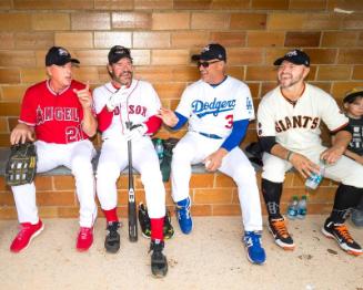 Wally Joyner, Wade Boggs, Steve Sax, and Cody Ross in the dugout photograph, 2017 May 27