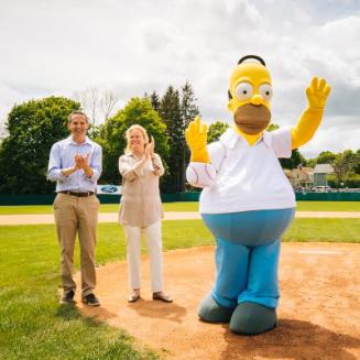 Jeff Idelson, Jane Forbes Clark, and Homer Simpson on the Field photograph, 2017 May 27