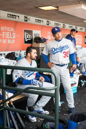 Dave Roberts and Adrian Gonzalez in the Dugout photograph, 2017 April 27