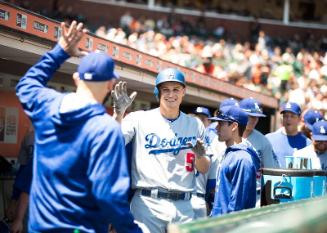 Corey Seager Celebrating in the Dugout photograph, 2017 April 27