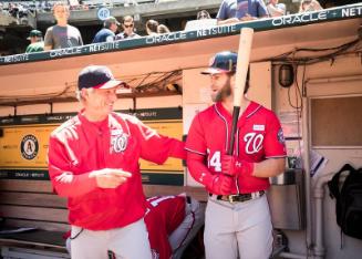 Chris Speier and Bryce Harper in the Dugout photograph, 2017 June 04