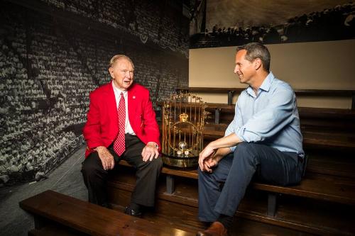 Red Schoendienst, Jeff Idelson, and 1967 World Series Championship Trophy photograph, 2017 June…