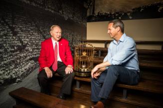 Red Schoendienst, Jeff Idelson, and 1967 World Series Championship Trophy photograph, 2017 June…
