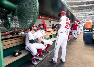 Michael Taylor,  Bryce Harper, and Tanner Roark in the Dugout photograph, 2017 June 11