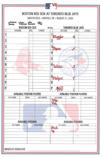 Boston Red Sox versus Toronto Blue Jays lineup card, 2020 August 27