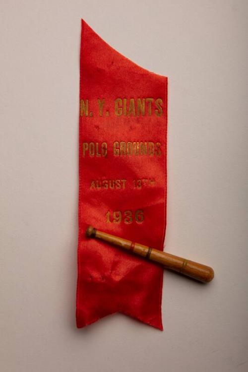 New York Giants Polo Grounds ribbon and miniature bat, 1936 August 13