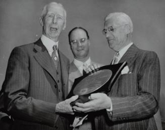 Connie Mack, Will Harridge, and Del Webb photograph, 1949 August 21