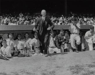 Connie Mack and Philadelphia Athletics in Dugout photograph, 1949 August 21