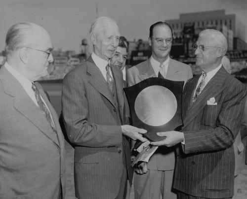Connie Mack, Ed Barrow, Will Harridge, and Del Webb photograph, 1949 August 21