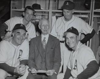 Connie Mack, Al Simmons, Earle Brucker, Skeeter Webb and Dave Keefe photograph, 1948 April 12