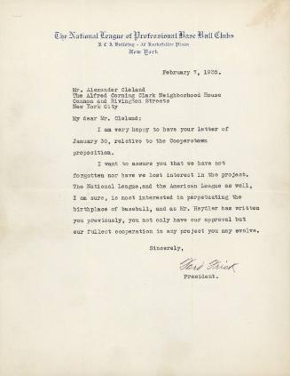 Letter from Ford Frick to Alexander Cleland, 1935 February 07