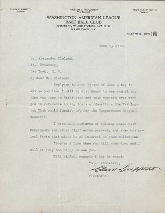 Letter from Clark Griffith to Alexander Cleland, 1935 June 05