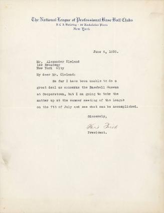 Letter from Ford Frick to Alexander Cleland, 1935 June 06
